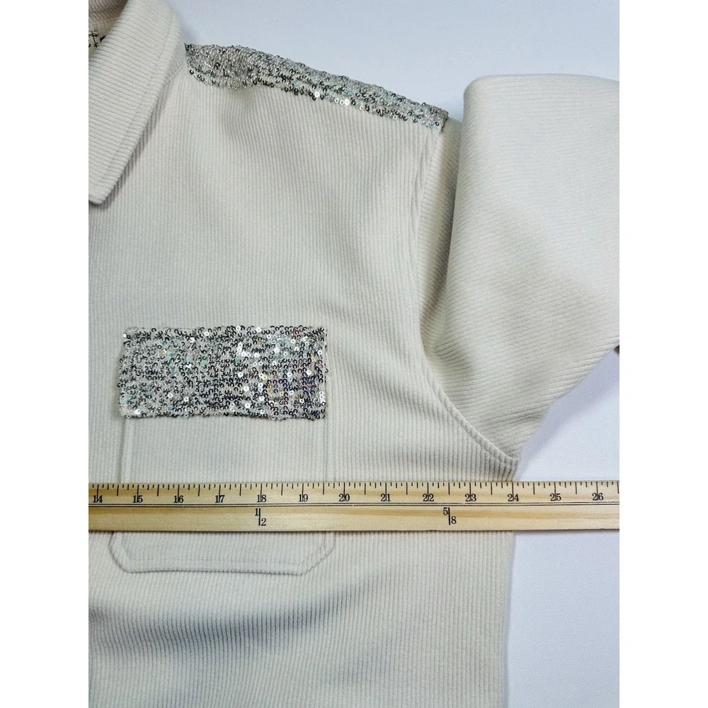 Bad Little Country Girl Women LARGE Ivory Silver Sequin Oversized Ribbed Shacket
